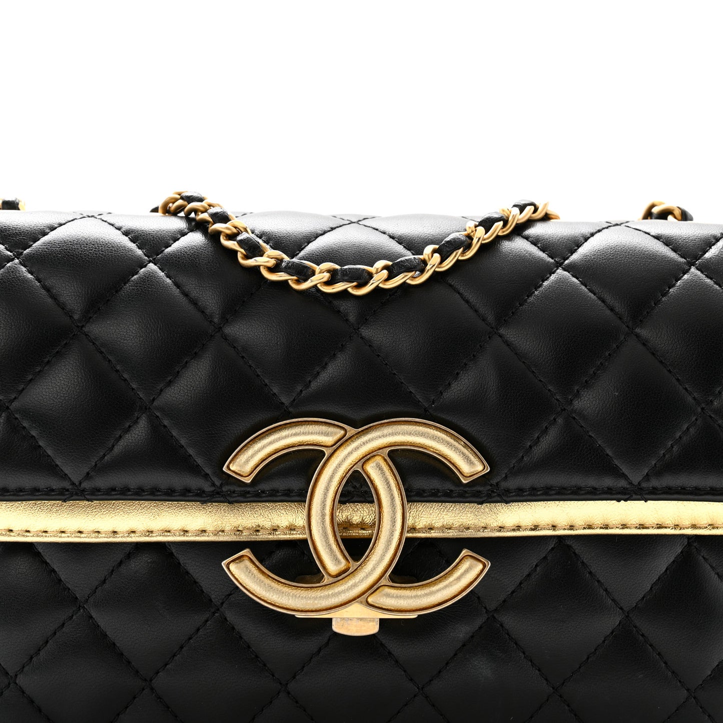 Lambskin Metallic Quilted Small CC Chic Double Flap Black Gold