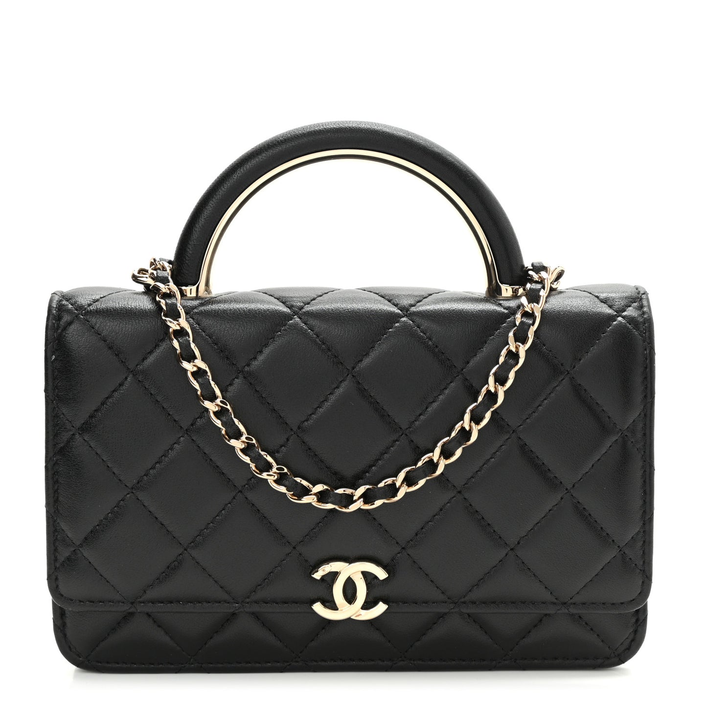 Lambskin Quilted Top Handle Wallet On Chain WOC Black