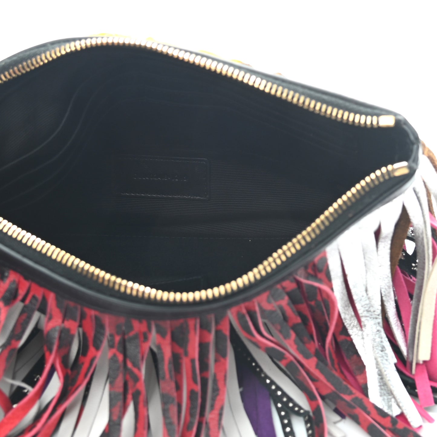 Calfskin Studded Printed Fringe Medium Clutch Black Multi