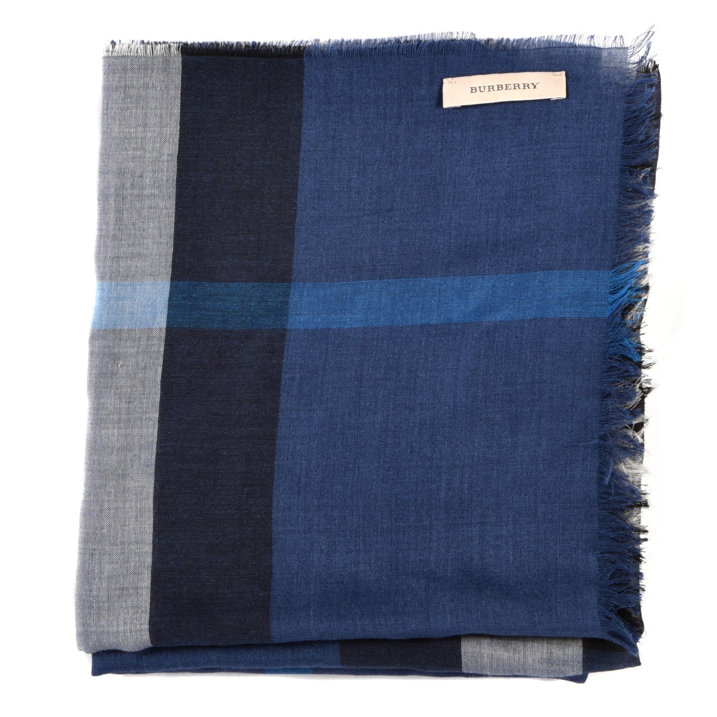 Wool Silk Gauze Ombre Giant Check Scarf Cadet Blue