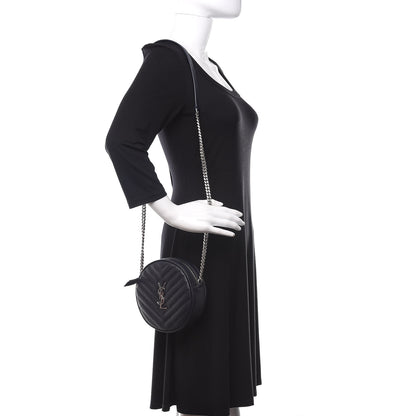 Saint Laurent Grain De Poudre Matelasse Chevron Quilted Round Vinyle Camera Bag Deep Marine 2 of 8