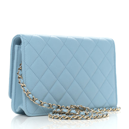 Chanel Caviar Quilted Crystal CC Wallet On Chain WOC Light Blue 3 of 13