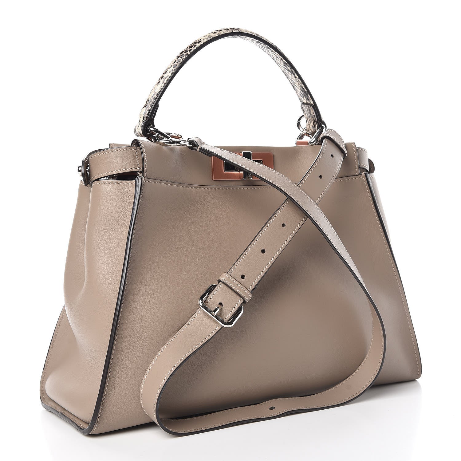 Fendi Vitello Seta Shiny Nappa Elaphe Medium Peekaboo Iconic Satchel Tortora Natural Ebano 3 of 10