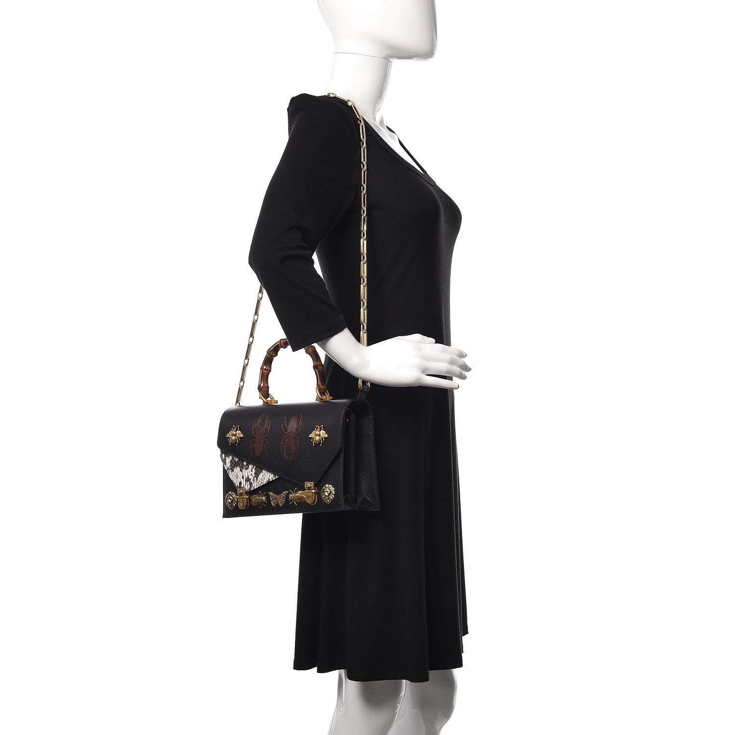 Gucci Calfskin Snakeskin Studded Small Ottilia Top Handle Bag Black 2 of 12