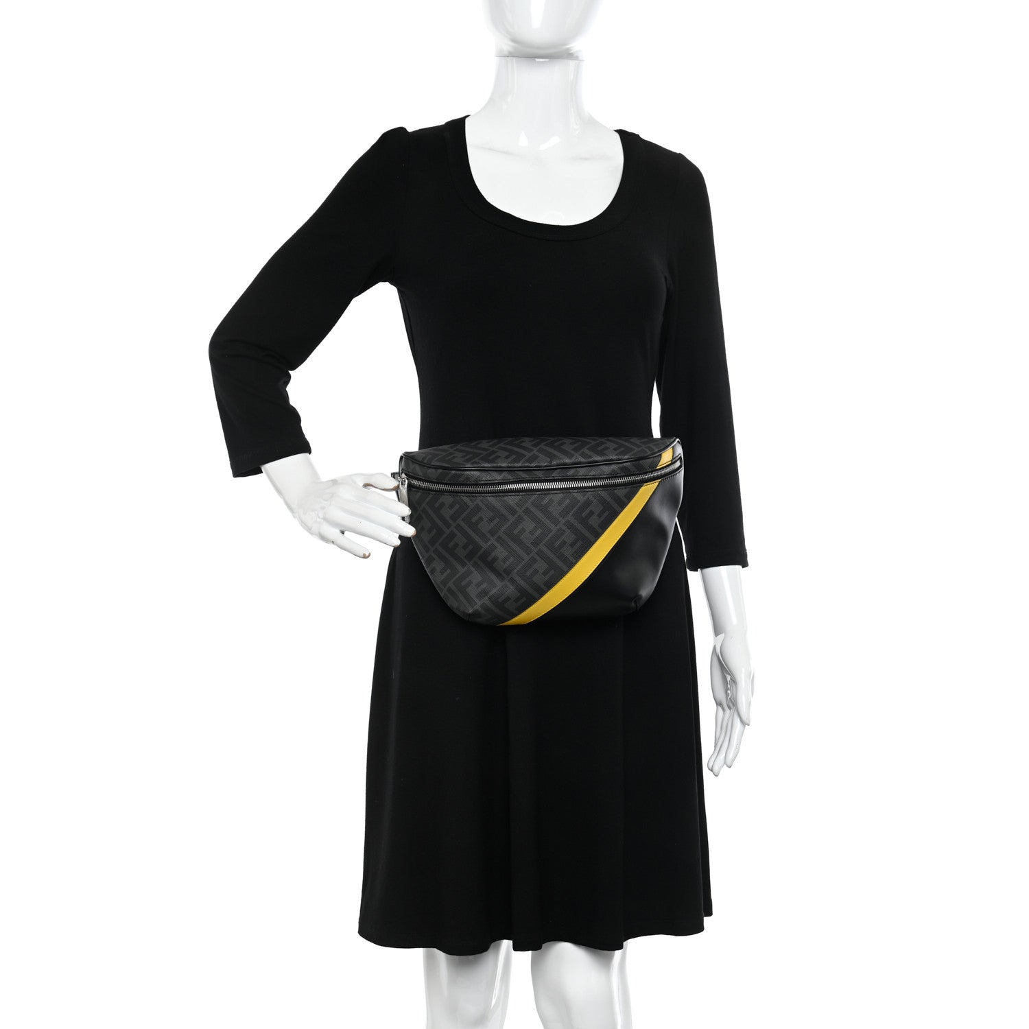 Fendi Glazed Fabric Vitello Liberty Century Logo FF 1974 Diagonal Belt Bag Black Sunflower 2 of 10