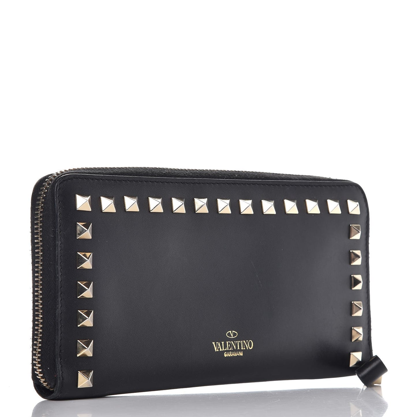 Calfskin Rockstud Zip Around Wallet Black