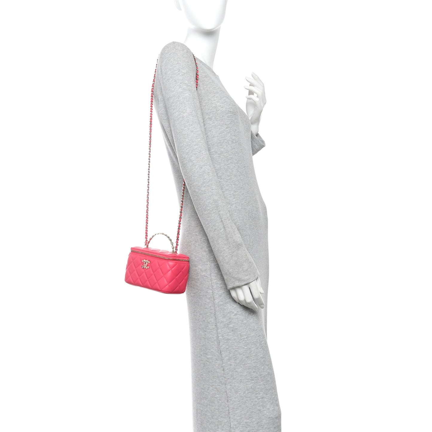 Lambskin Quilted Baguette Crystal Top Handle Vanity Case With Chain Fuchsia