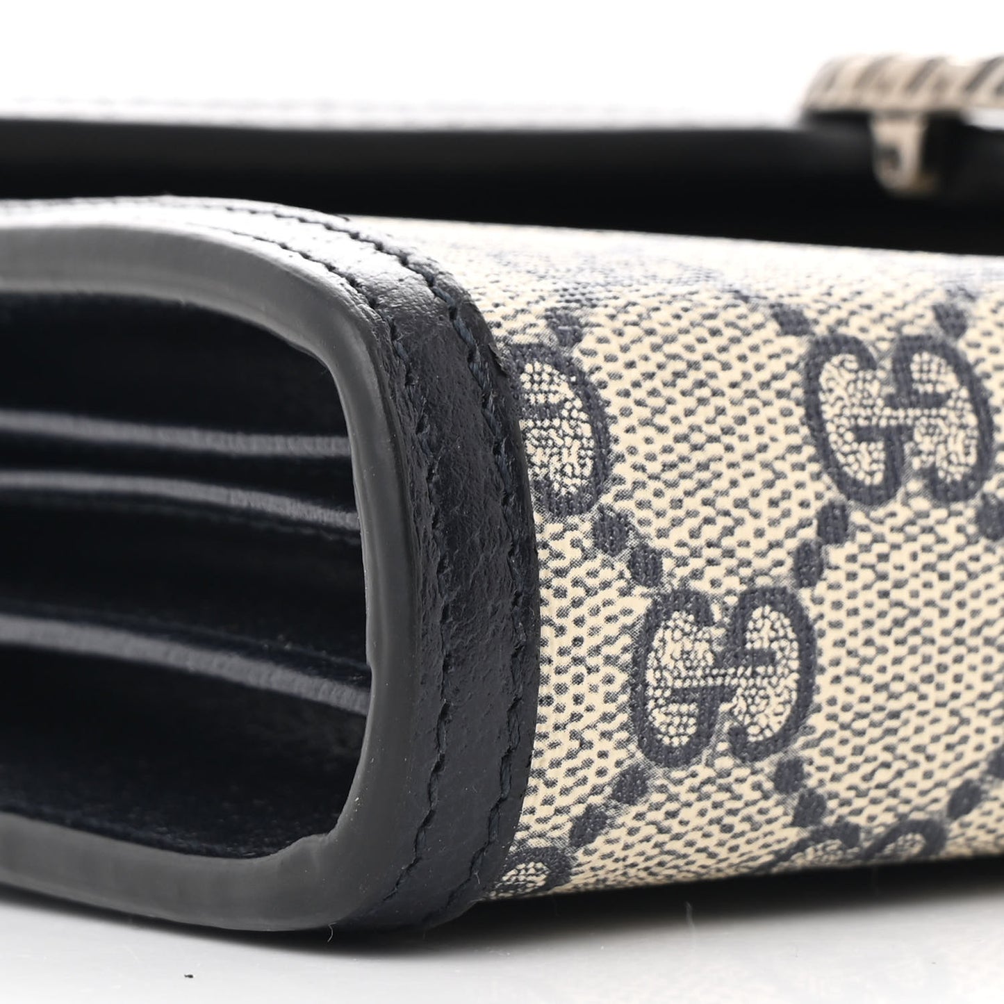 GG Supreme Monogram Textured Dollar Calfskin Mini Dionysus Chain Wallet Beige Blue