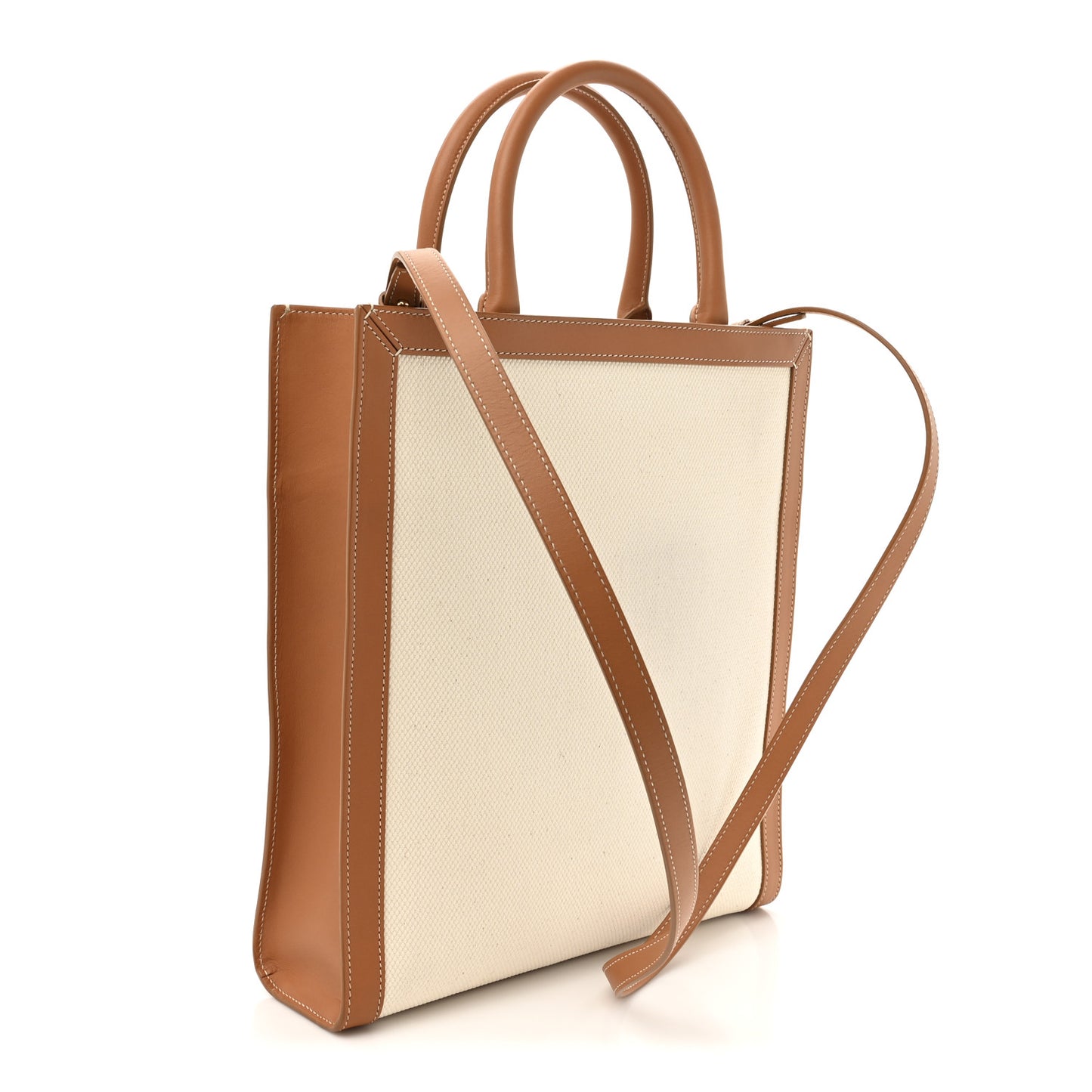 Canvas Calfskin Logo Print Small Vertical Cabas Natural Tan