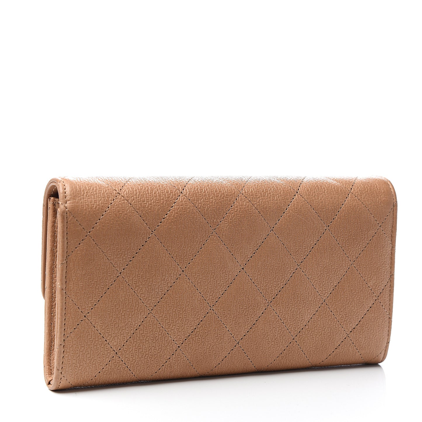 Letter Calfskin Embossed Quilted Large Gusset Flap Wallet Beige