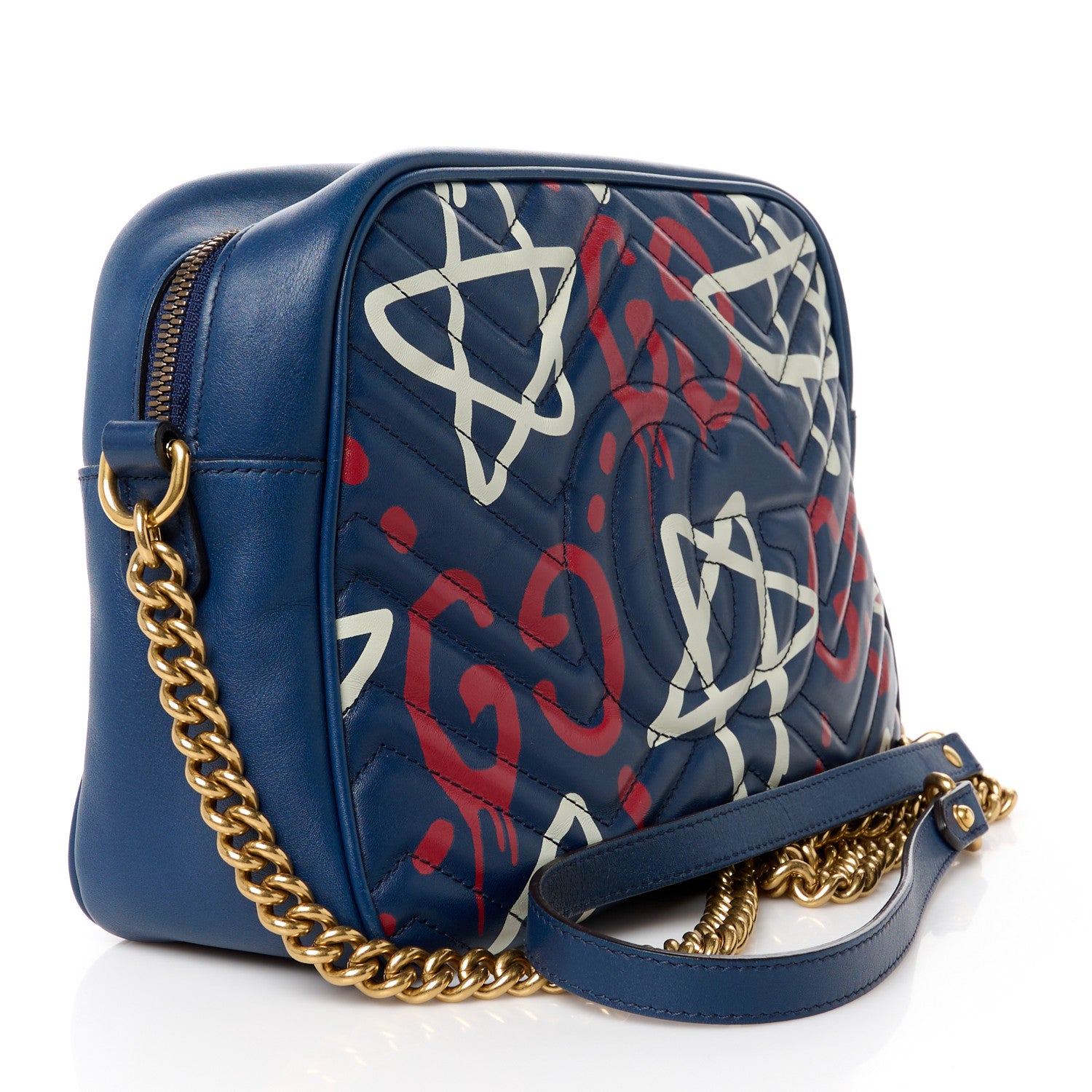 Gucci Calfskin Matelasse GucciGhost Medium GG Marmont Chain Shoulder Bag Blue Agata Hibiscus Red 3 of 13