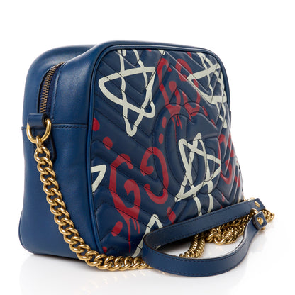 Gucci Calfskin Matelasse GucciGhost Medium GG Marmont Chain Shoulder Bag Blue Agata Hibiscus Red 3 of 13
