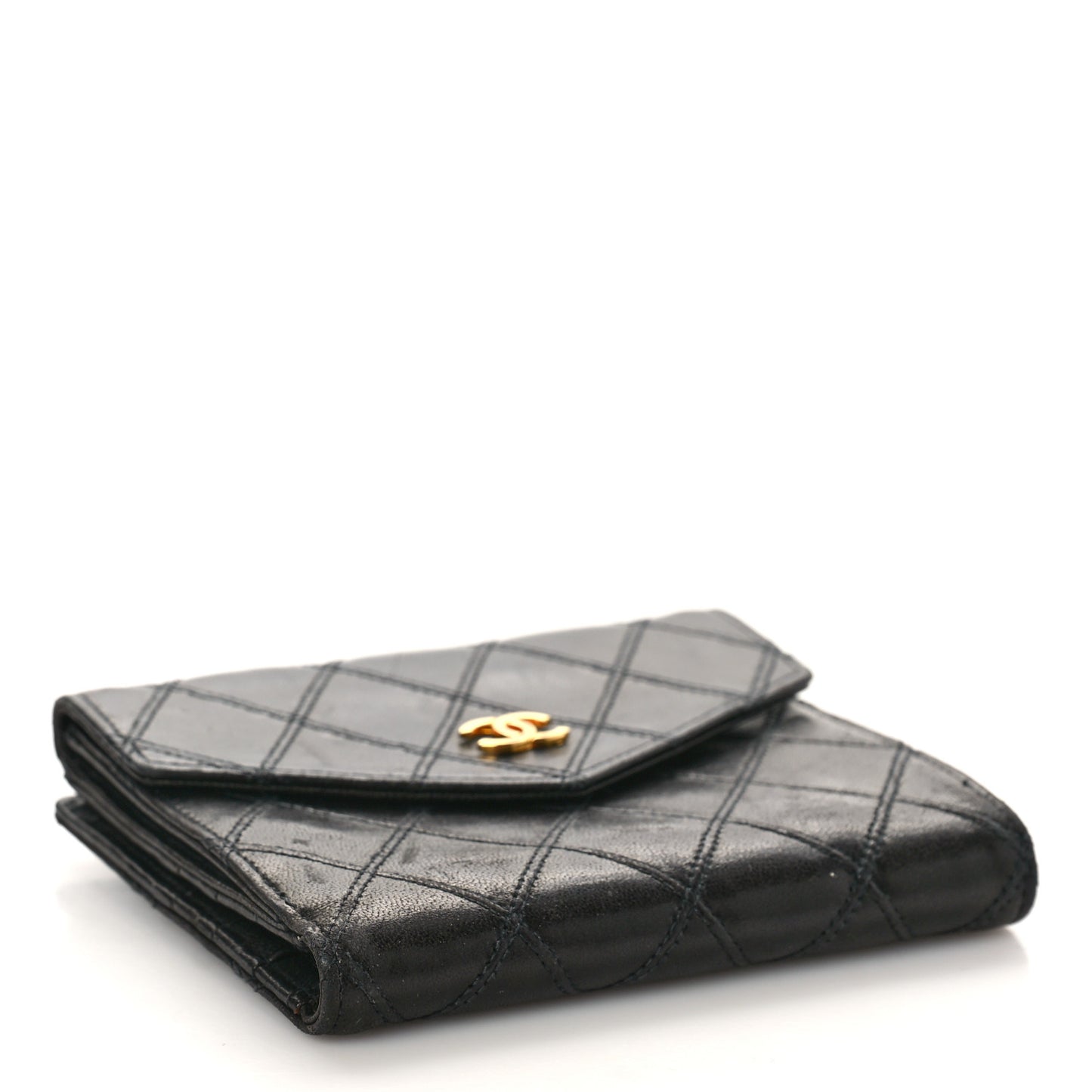Calfskin Diamond Stitched Compact Wallet Black