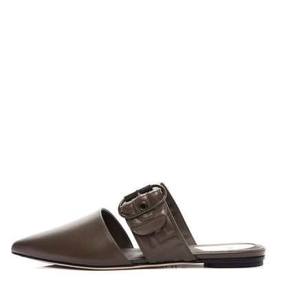 Fendi Vitello FF Embossed Buckle Flat Mules 36 Wood 1 of 11