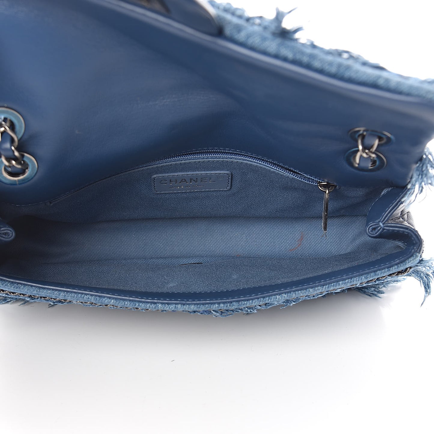 Calfskin Denim Fringe Chains Small Flap Blue