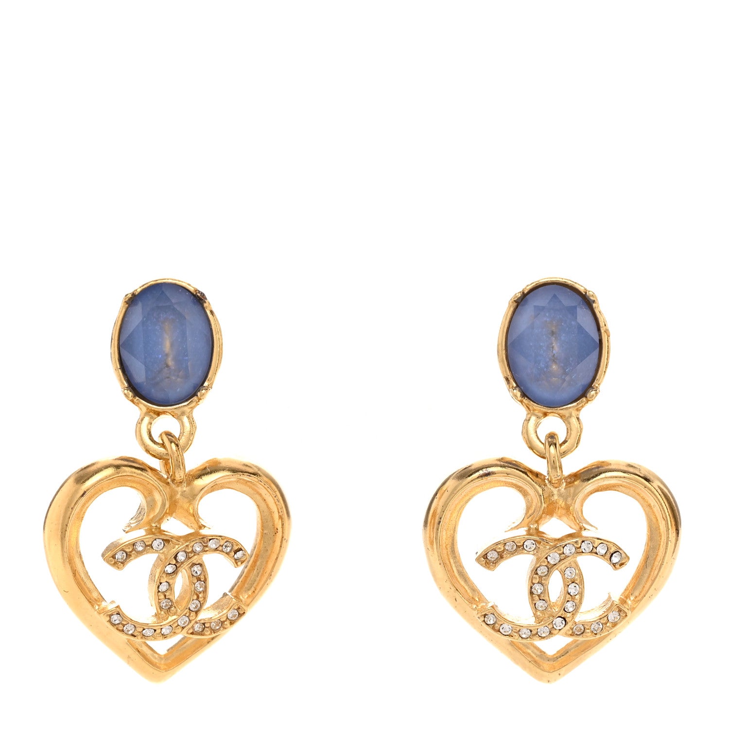 Chanel Metal Crystal CC Heart Drop Earrings Gold Blue 1 of 5