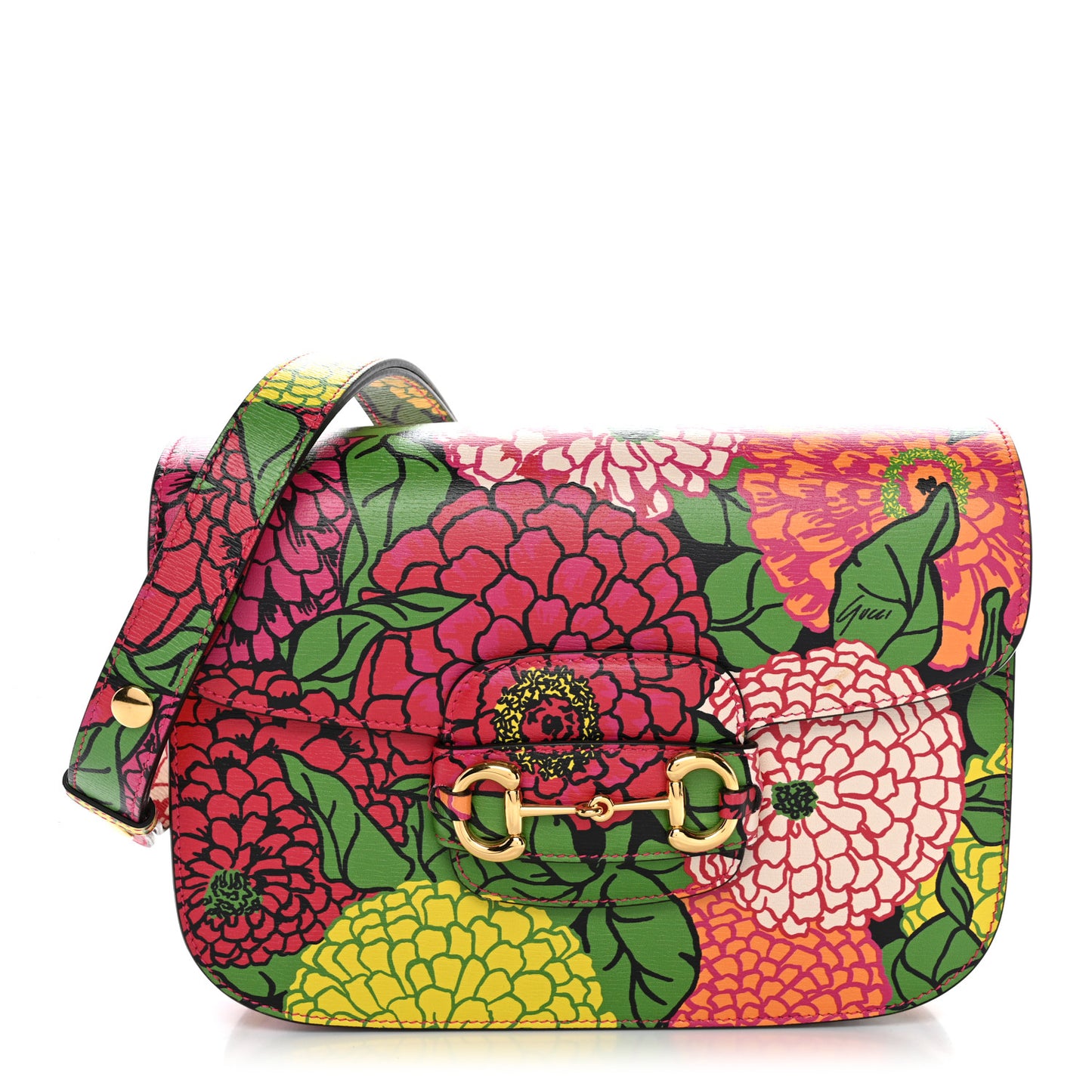 X KEN SCOTT New Shangai Calfskin Pomponica Print Horsebit 1955 Shoulder Bag Multicolor Fuxia Pompon