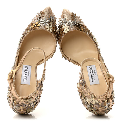 Jimmy Choo Glitter Floral Embellished Lorelai 100 Pumps 37 Champagne 2 of 10
