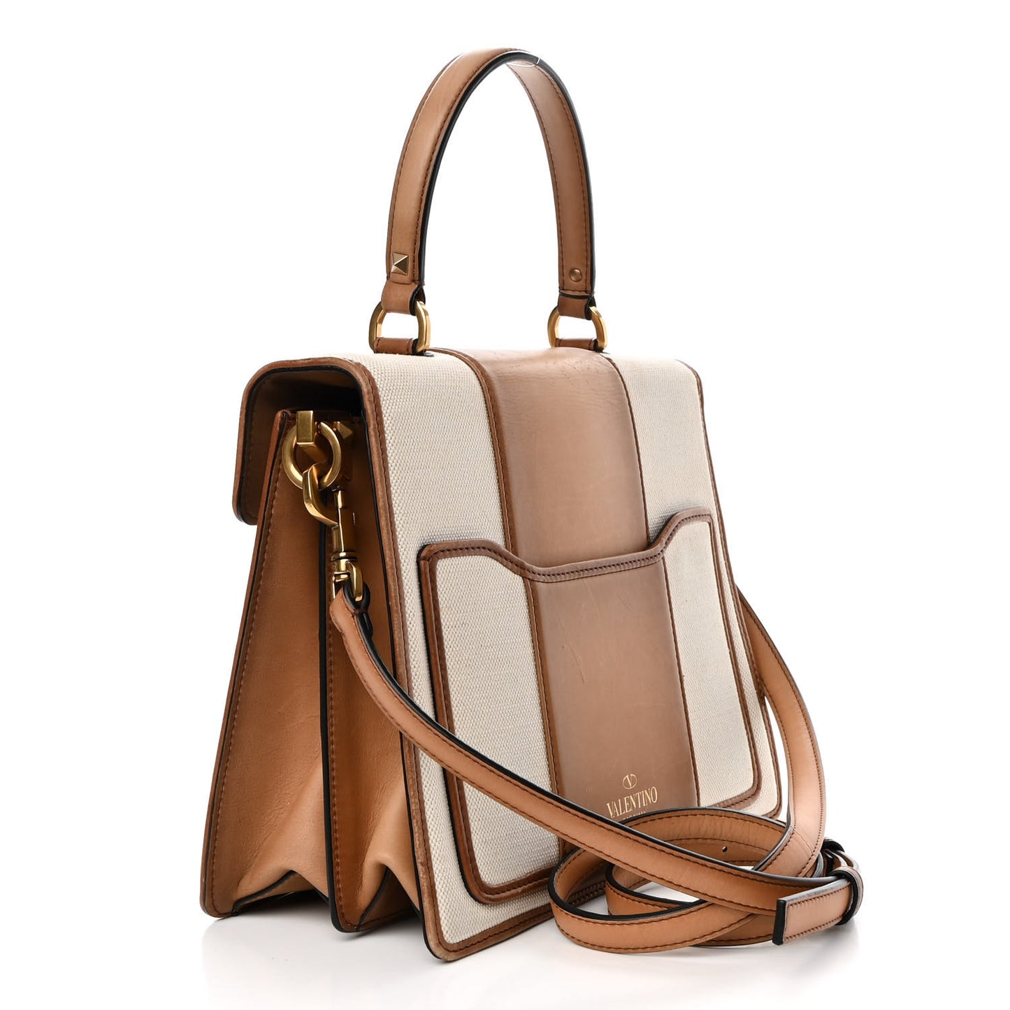 Calfskin Canvas Colorblock Crossbody Bag Natural
