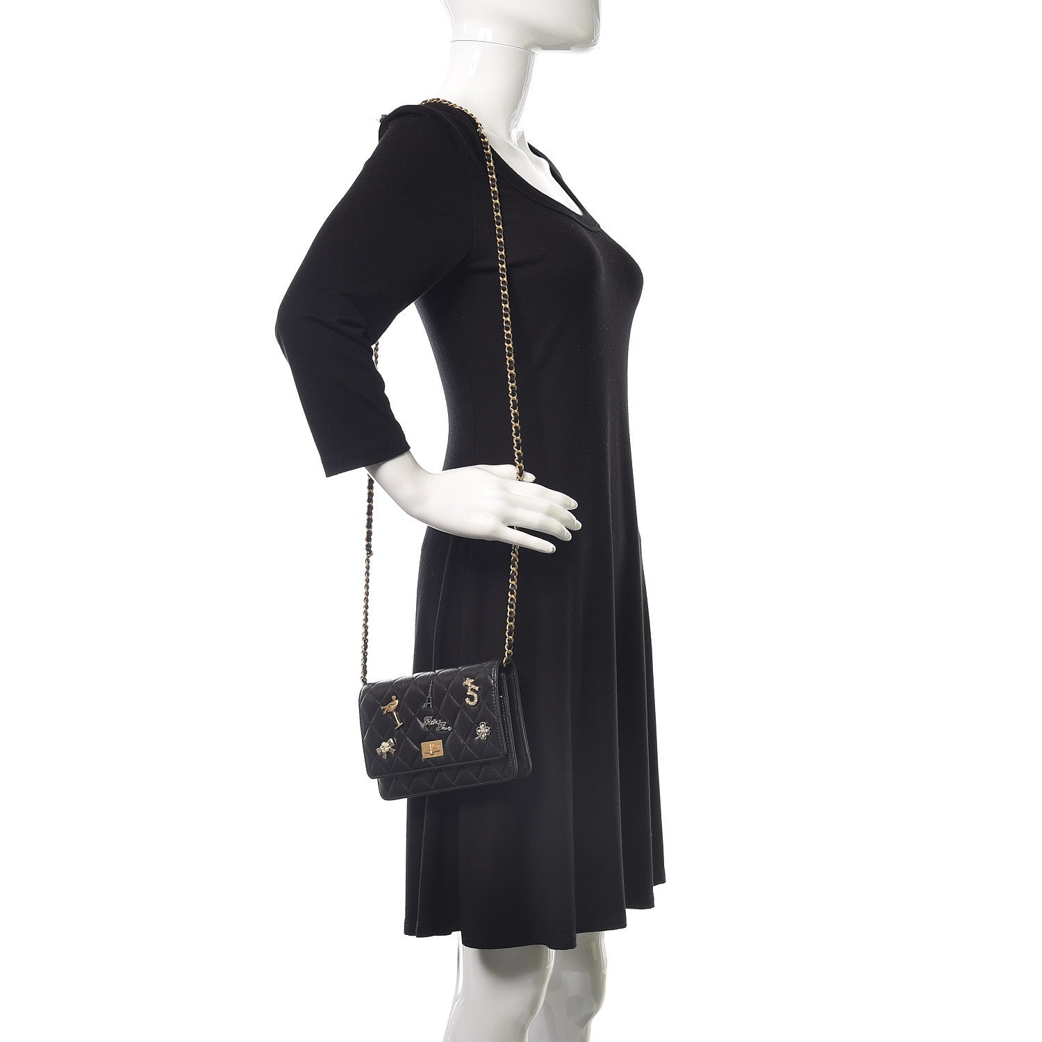 Chanel Aged Calfskin Quilted Lucky Charms 2.55 Reissue Wallet On Chain WOC Black 2 of 12