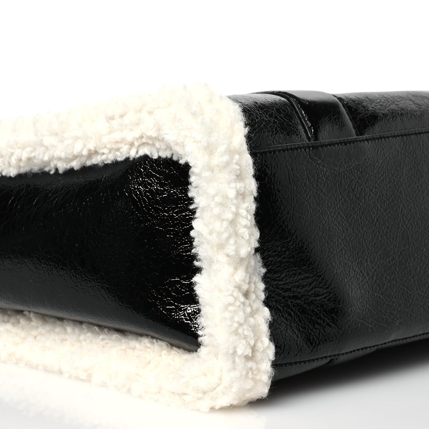 Shiny Calfskin Faux Shearling Large The Traveler Tote Bag Black