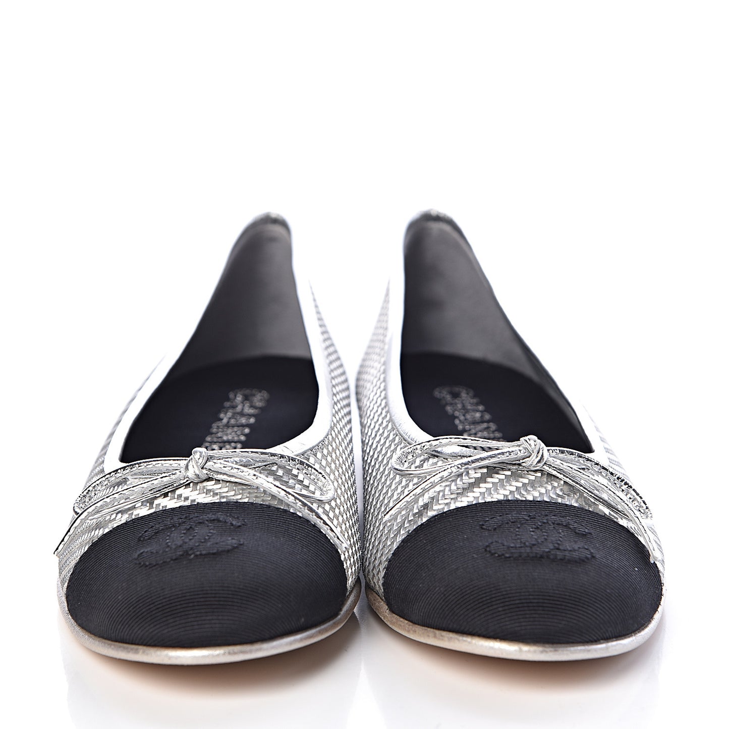 Metallic PVC Grosgrain Cap Toe Ballerina Flats 37 Silver Black