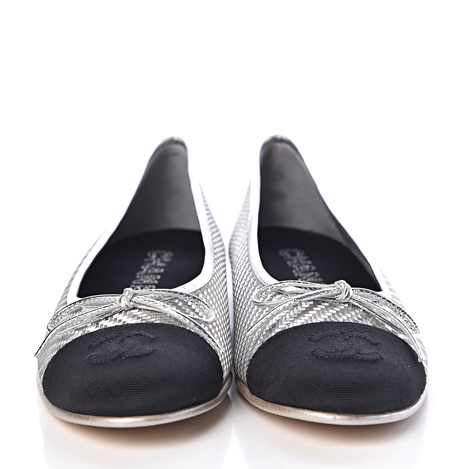 Chanel Metallic PVC Grosgrain Cap Toe Ballerina Flats 37 Silver Black 2 of 11