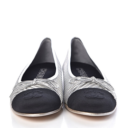 Chanel Metallic PVC Grosgrain Cap Toe Ballerina Flats 37 Silver Black 2 of 11