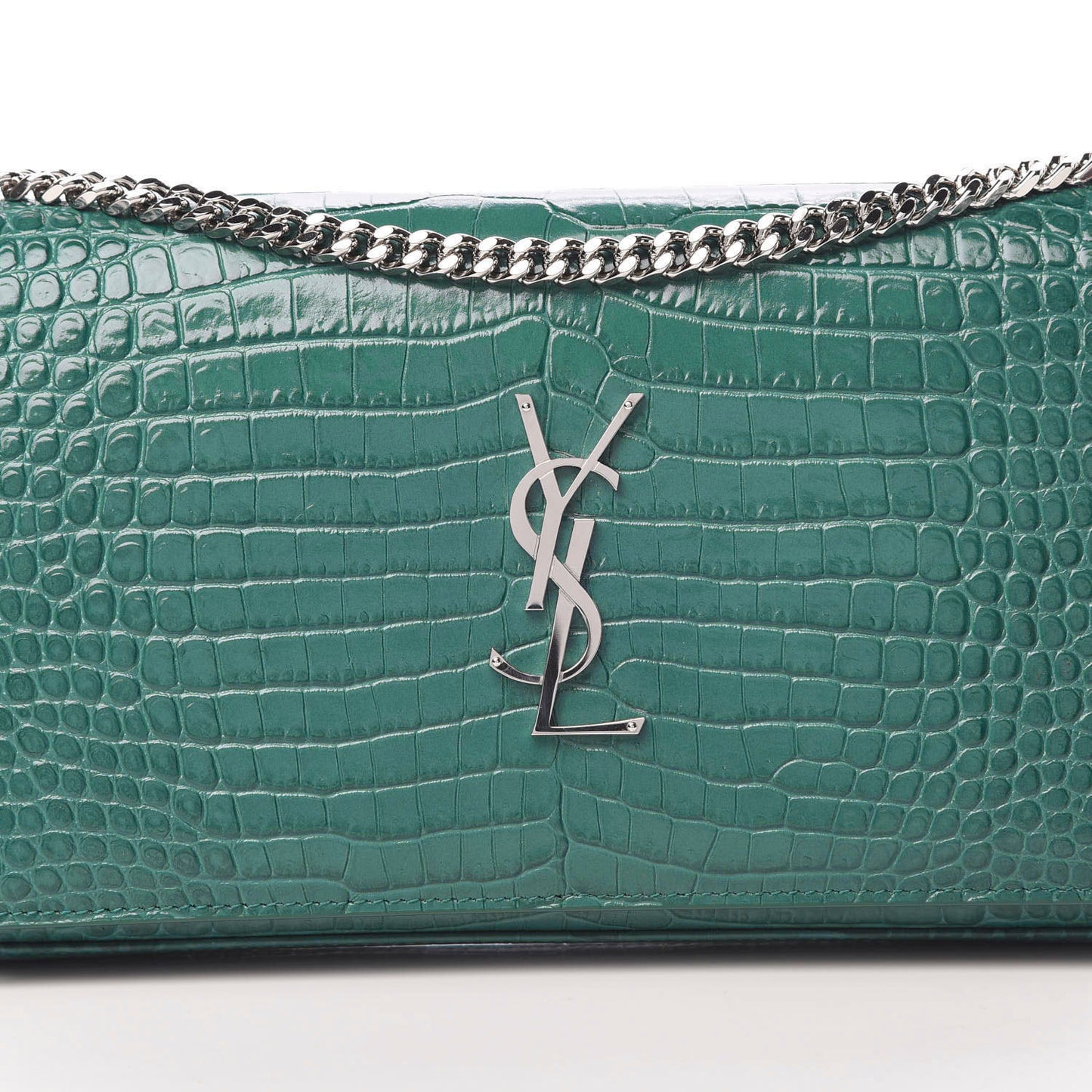 Calfskin Crocodile Embossed Monogram Chain Wallet Water Green