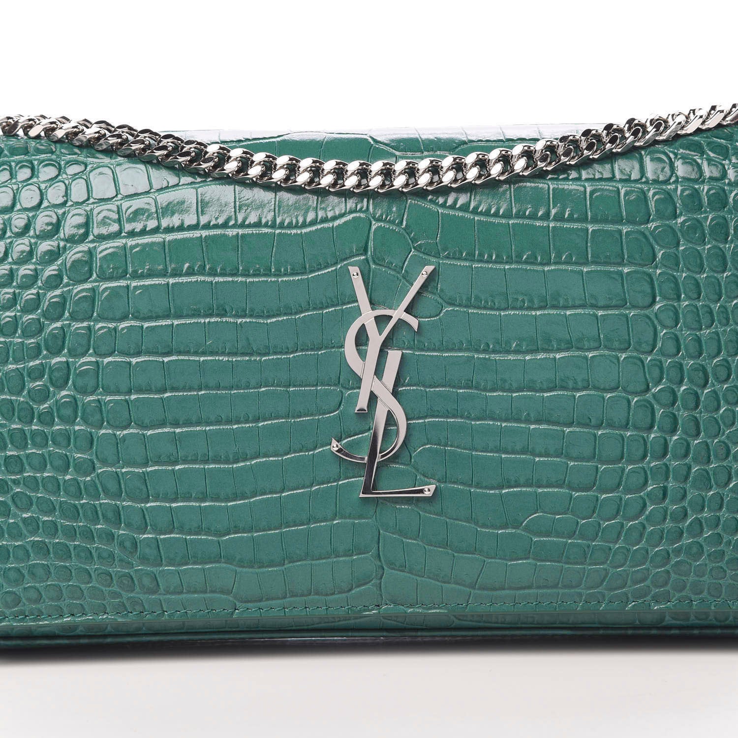 Saint Laurent Calfskin Crocodile Embossed Monogram Chain Wallet Water Green 10 of 11