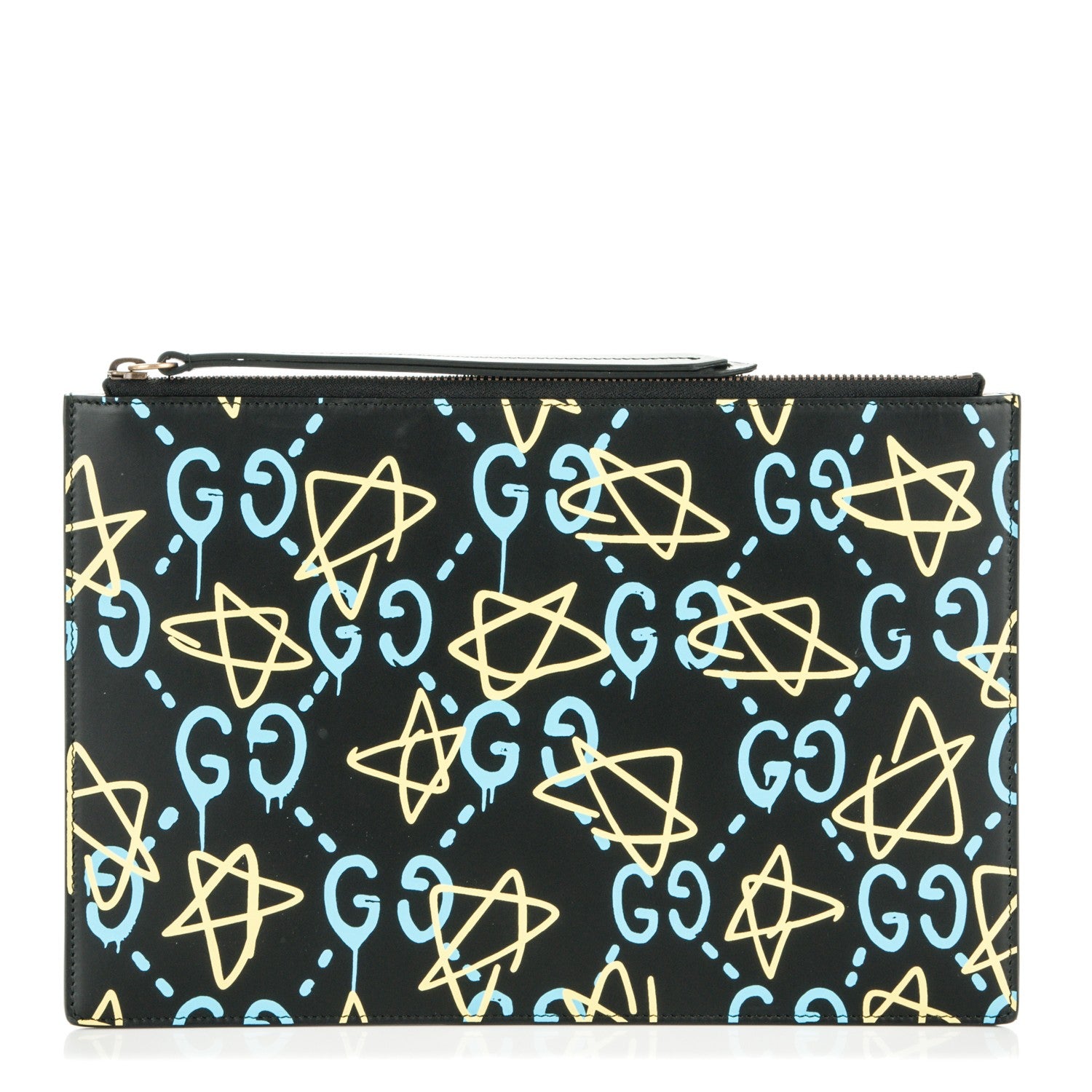 Gucci Calfskin GucciGhost Print Pouch Black New Acquamarine 1 of 6