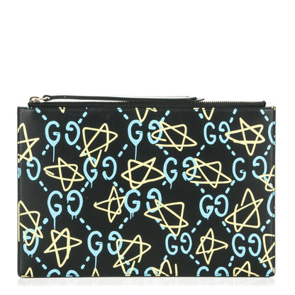 Gucci Calfskin GucciGhost Print Pouch Black New Acquamarine 1 of 6