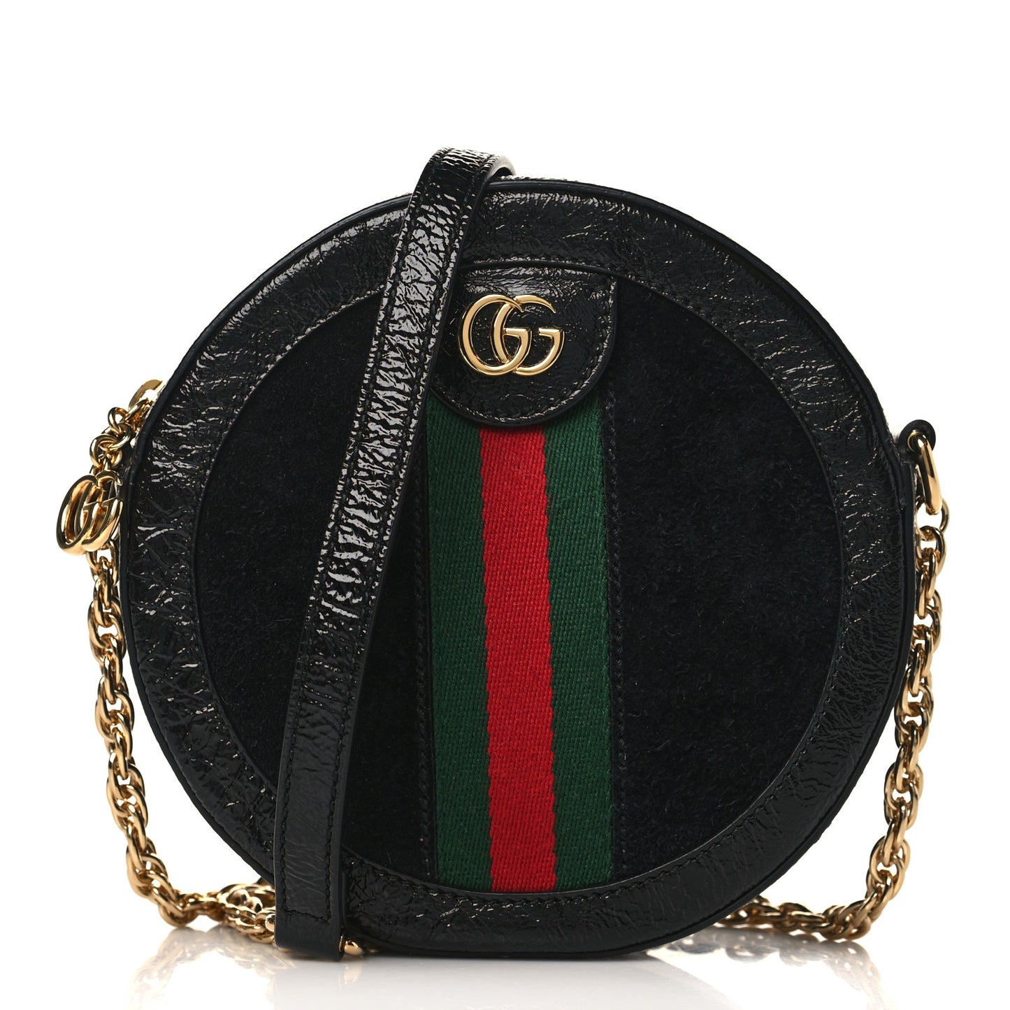 Suede Patent Web Mini Ophidia Round Shoulder Bag Black