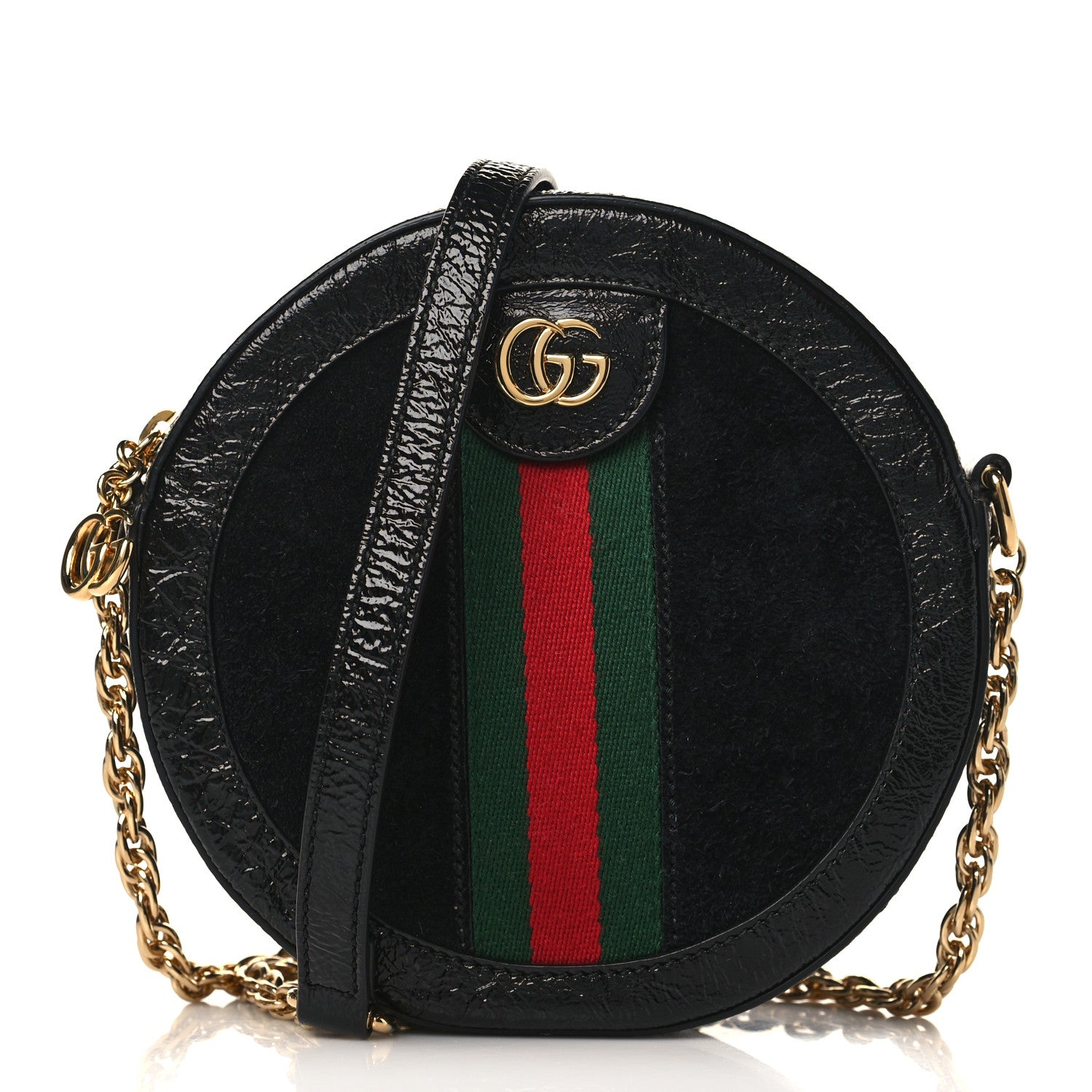 Gucci Suede Patent Web Mini Ophidia Round Shoulder Bag Black 1 of 9