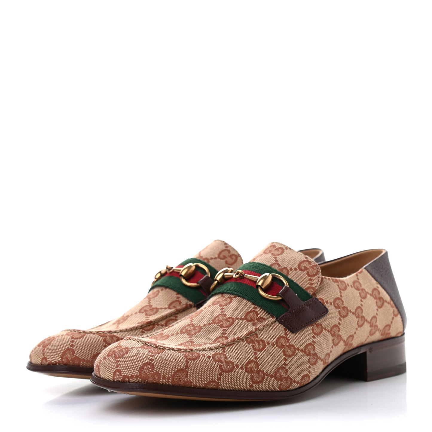 GG Monogram Goatskin Web Mens Horsebit Loafers 8 Beige Ruggine Light Brown