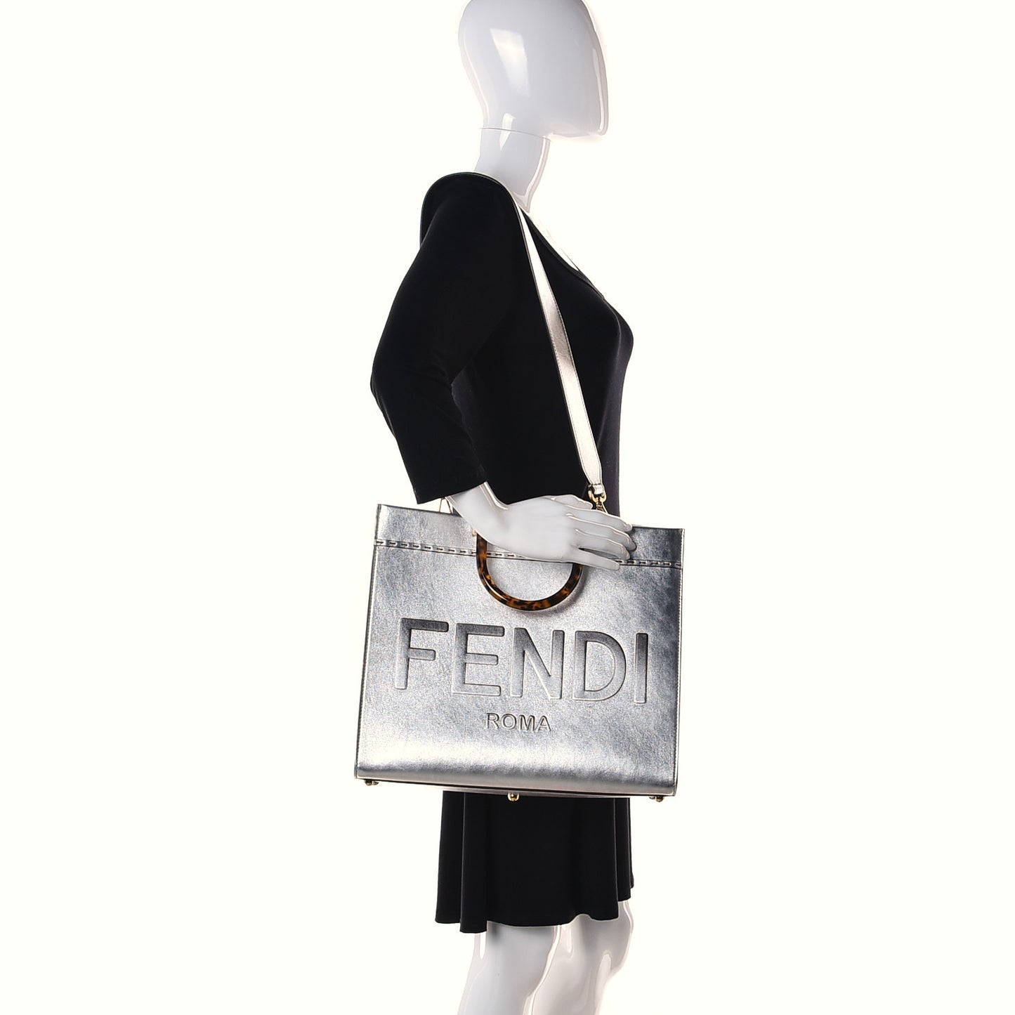 Vitello Catalan Mirror Plexiglass Logo Embossed Medium Fendi Sunshine Shopper Tote Argento
