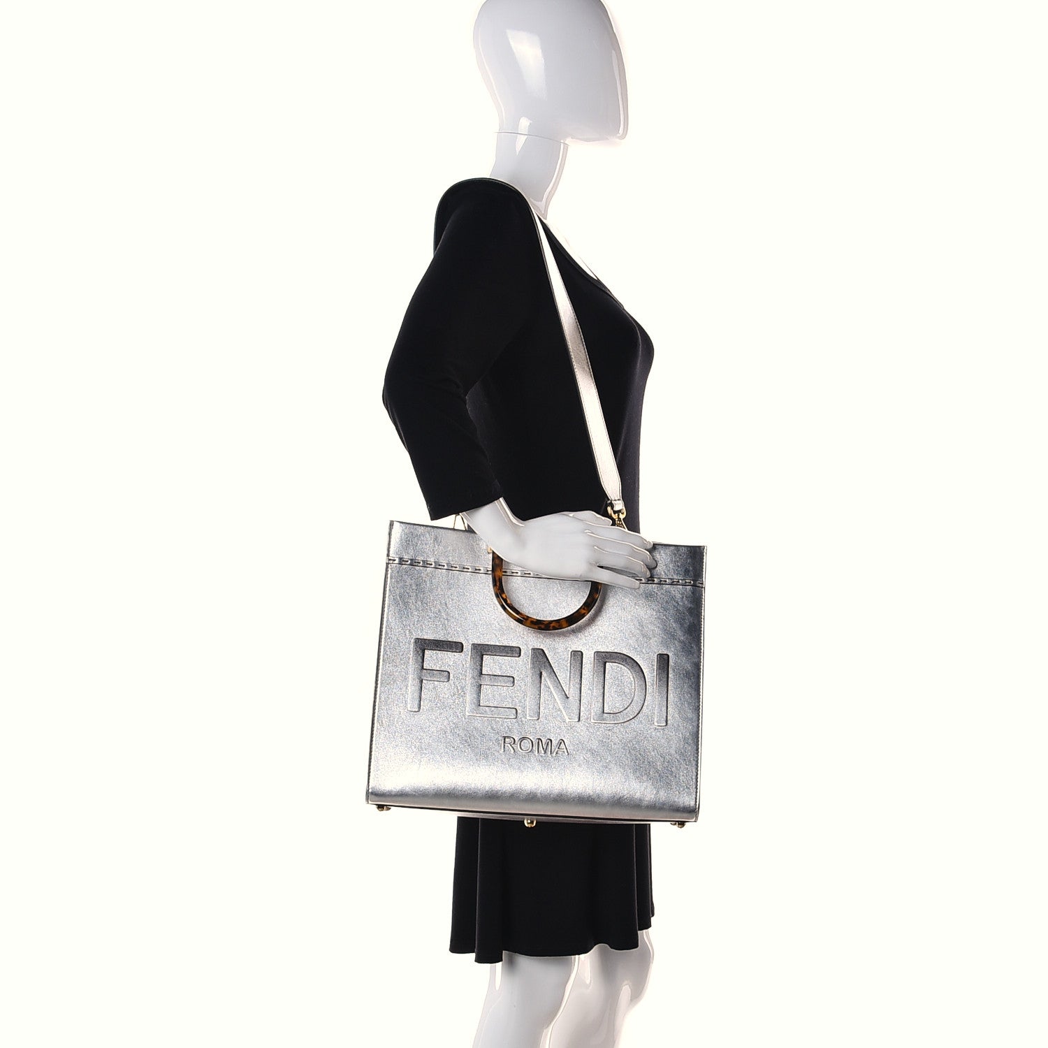 Fendi Vitello Catalan Mirror Plexiglass Logo Embossed Medium Fendi Sunshine Shopper Tote Argento 2 of 11