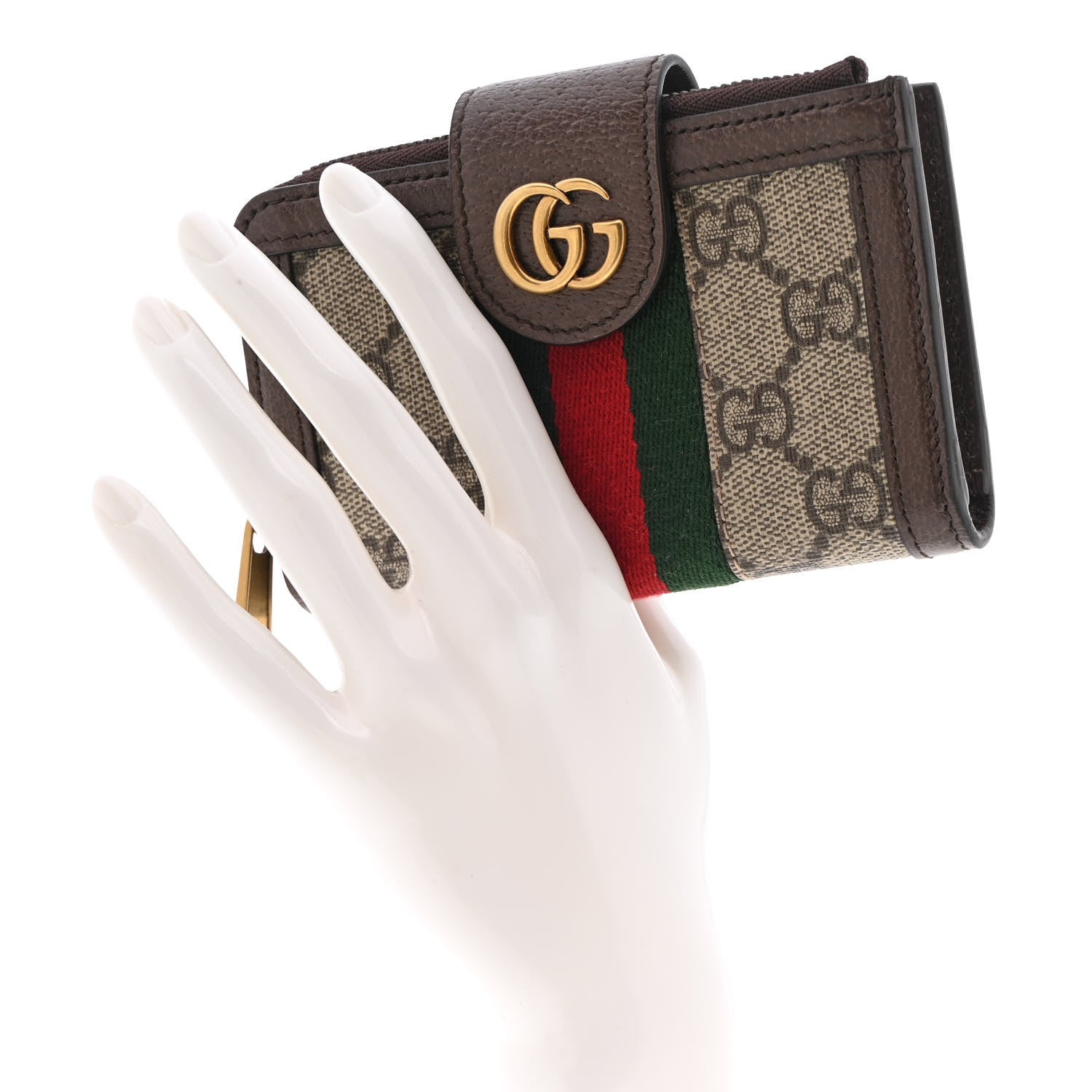 Gucci GG Supreme Monogram Textured Dollar Calfskin Web Ophidia Overlay Zip Around Card Case Wallet Beige Ebony New Acero 2 of 10