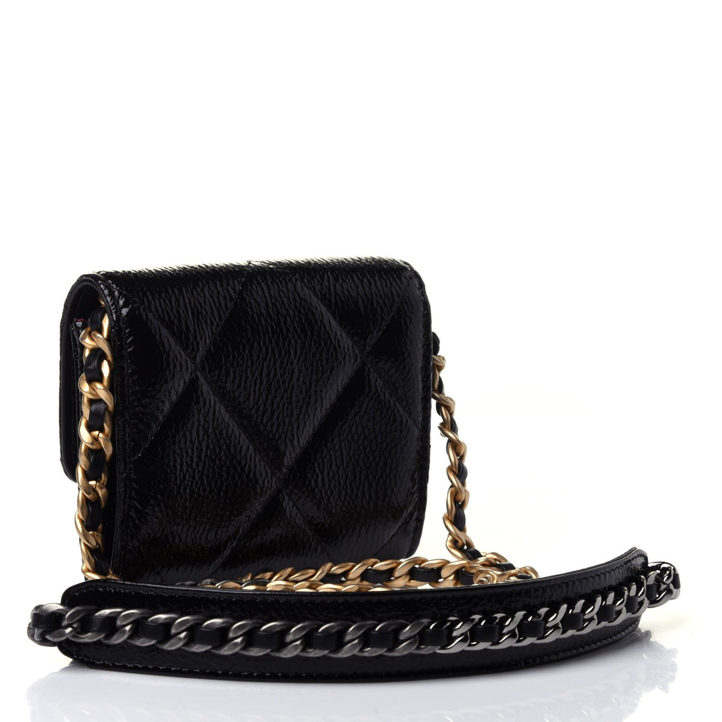 Shiny Crumpled Calfskin Quilted Chanel 19 Flap Coin Purse With Chain Black