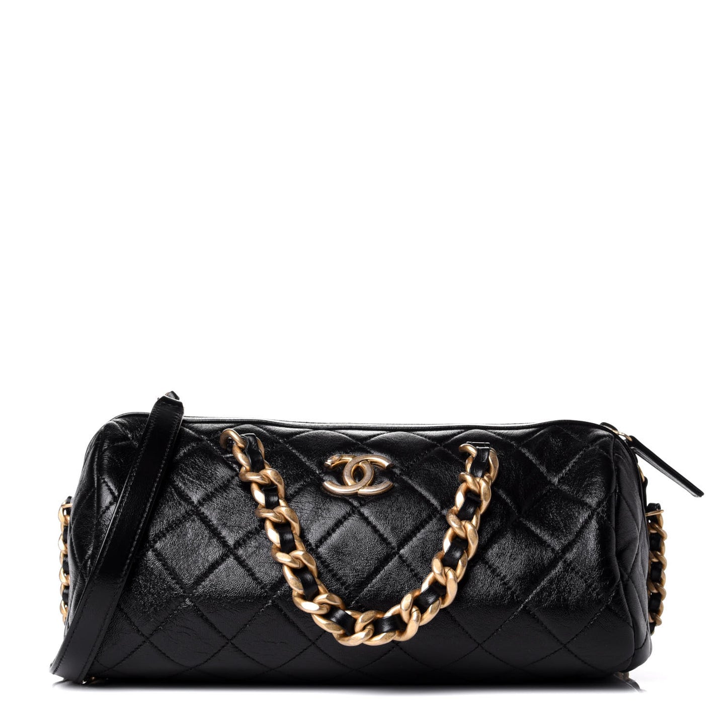 Shiny Lambskin Quilted Fashion Therapy Bowling Bag Black