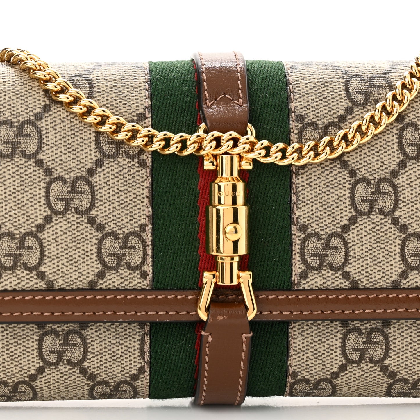 GG Supreme Monogram Azalea Calfskin Web Jackie 1961 Chain Wallet Beige Ebony Brown Sugar