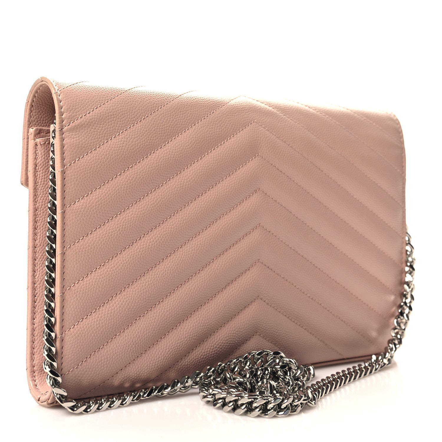 Saint Laurent Grain De Poudre Matelasse Chevron Monogram Chain Wallet Pale Pink 3 of 10