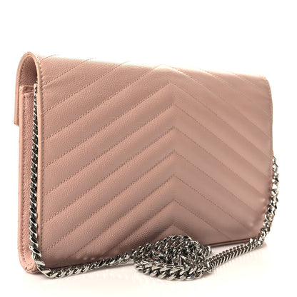 Saint Laurent Grain De Poudre Matelasse Chevron Monogram Chain Wallet Pale Pink 3 of 10