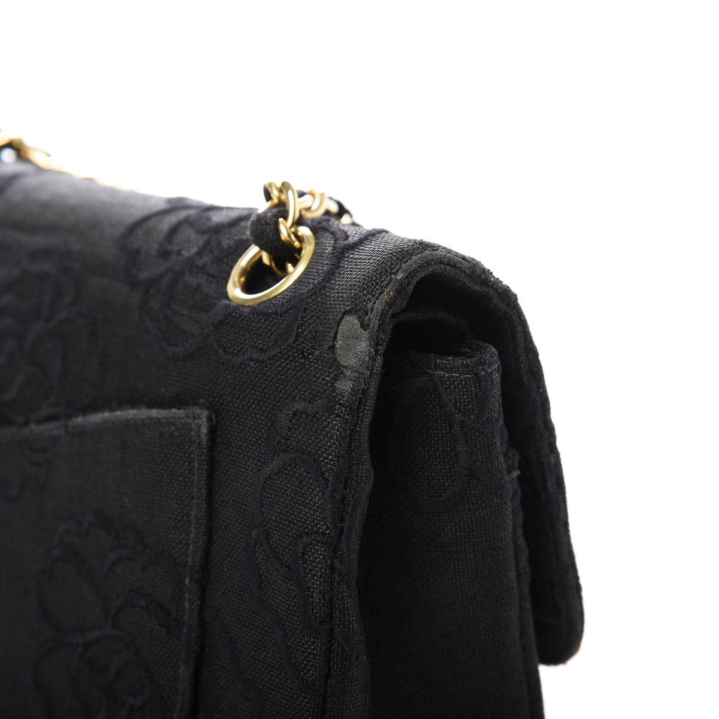 Canvas Camellia Embroidered Medium Double Flap Black
