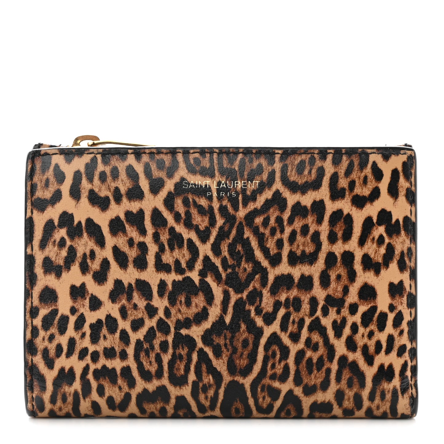 Calfskin Leopard Printed Monogram Bi-Fold Zipped Wallet Black