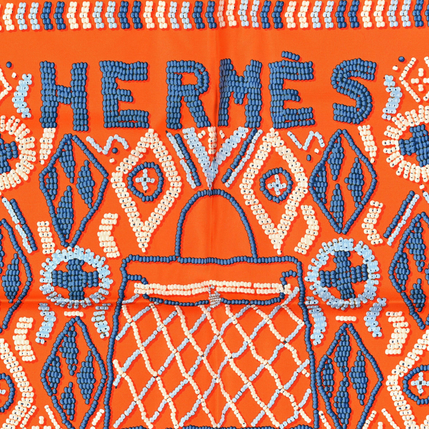 Hermes Silk Gavroche Kelly en Perles Pocket Square Scarf Orange Bleu Jean 2 of 3