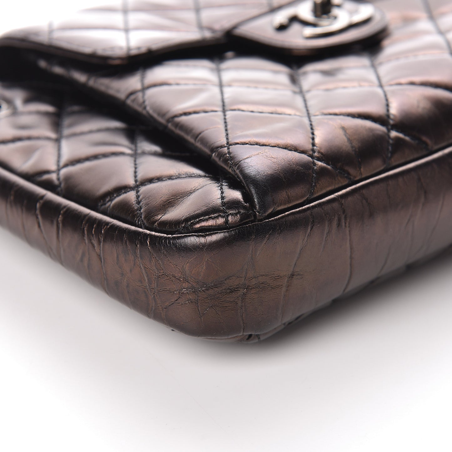 Glazed Calfskin Quilted Accordion Flap Black
