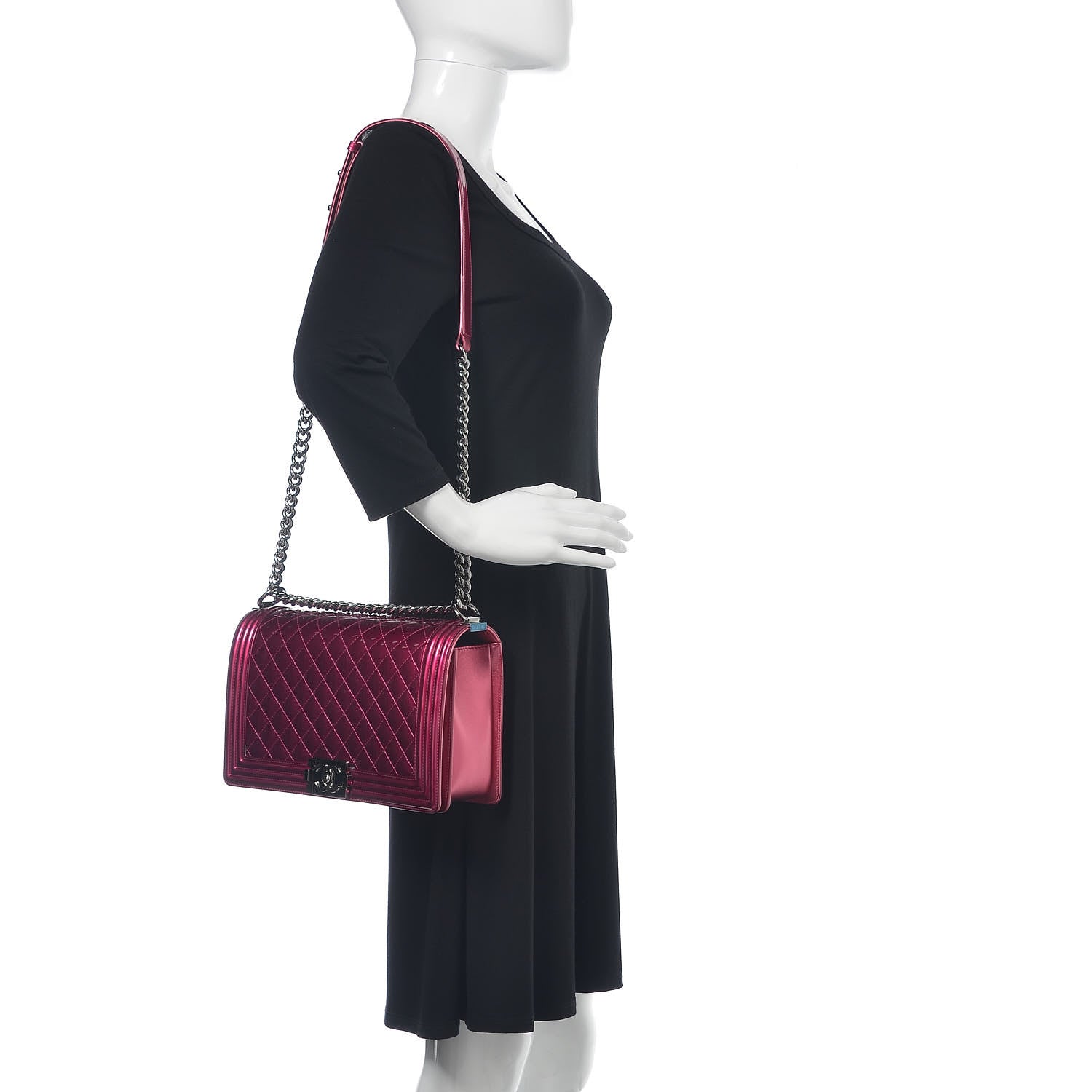 Chanel Metallic Patent Quilted New Medium Boy Flap Fuchsia 2 of 19