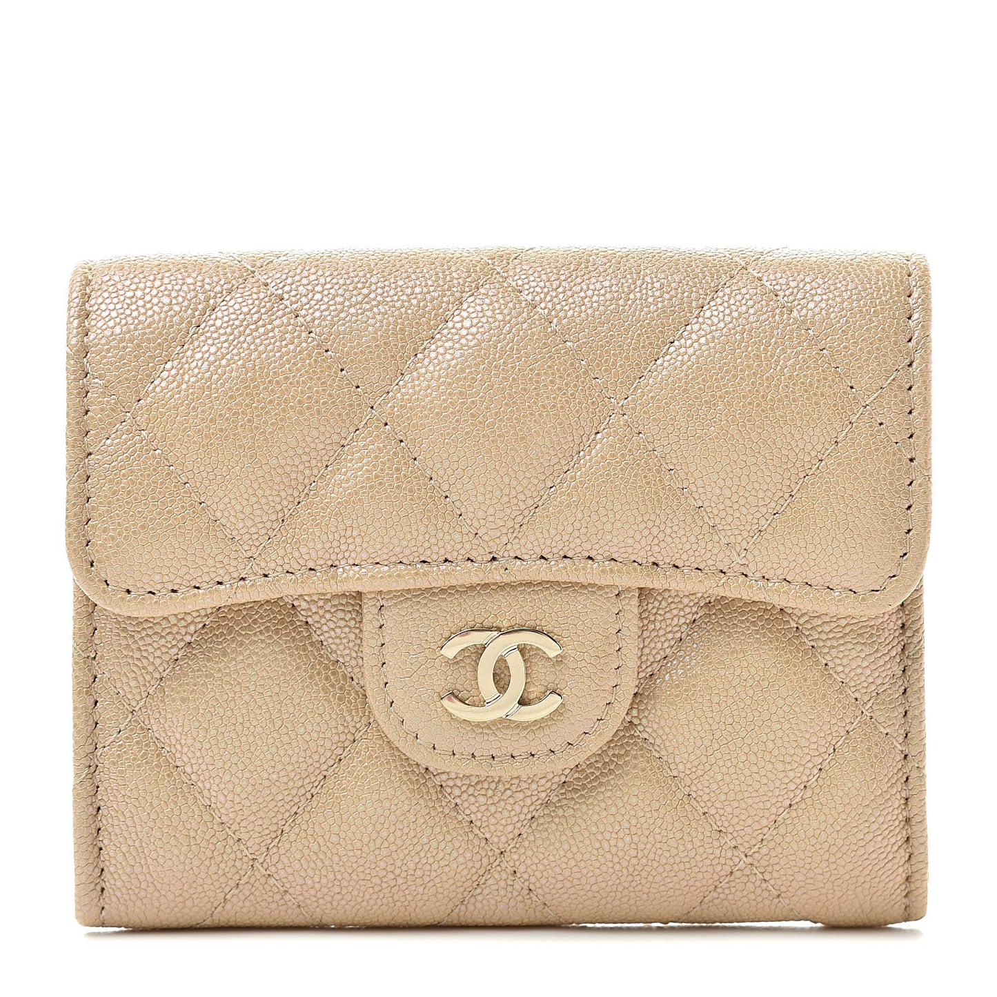 Iridescent Caviar Quilted Flap Card Holder Wallet Beige