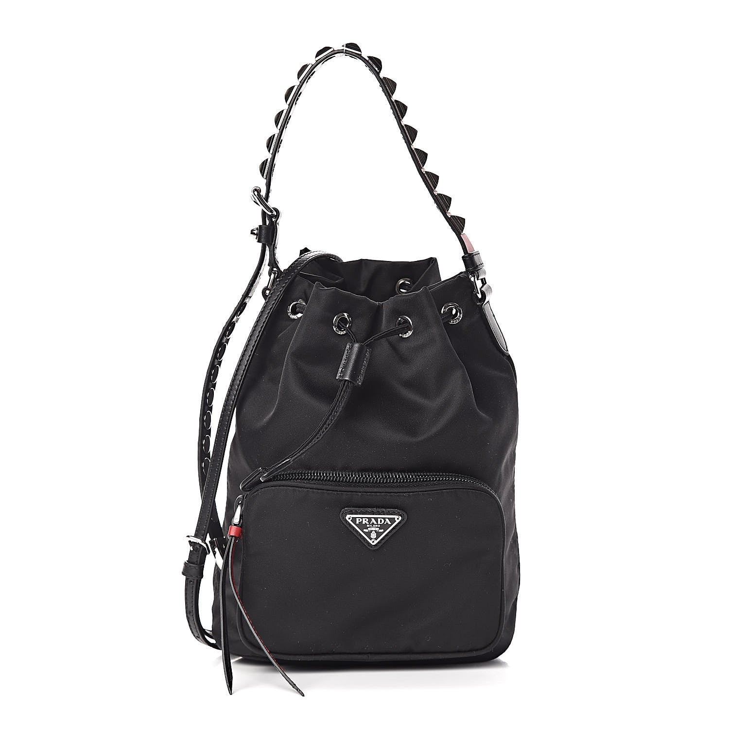 Prada Tessuto Nylon Studded New Vela Mini Bucket Crossbody Bag Black Fuoco 1 of 10